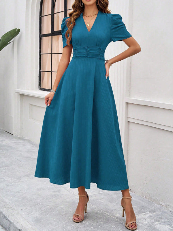 V-Neck Midi Dress with Puff Sleeves and Ruched Waist Midi Dresses MyDresses 