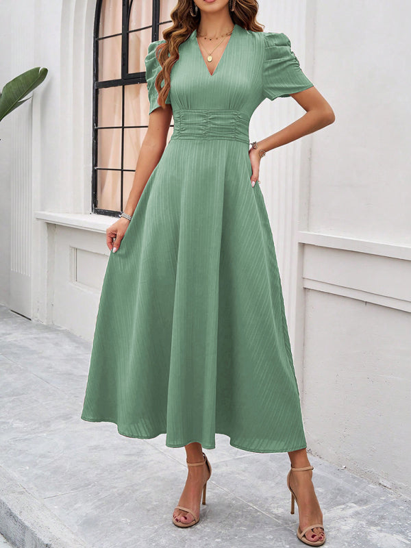 V-Neck Midi Dress with Puff Sleeves and Ruched Waist Midi Dresses MyDresses 