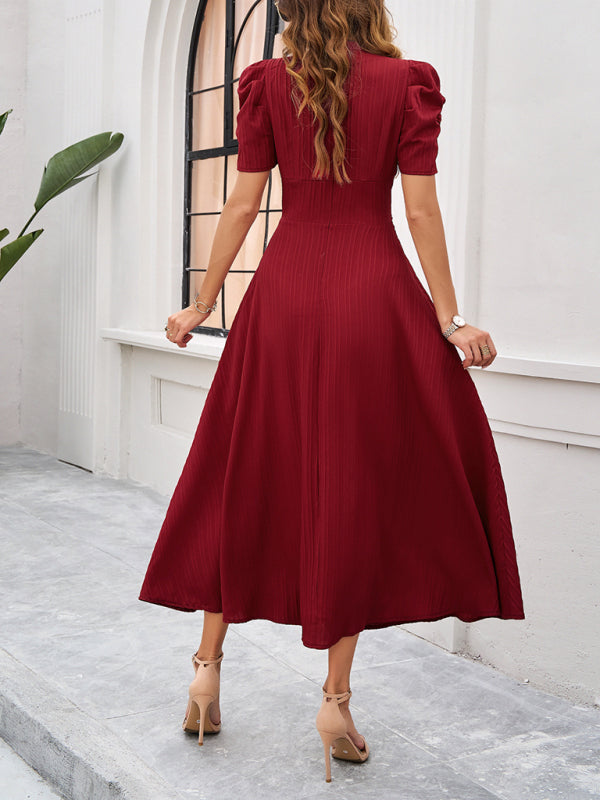 V-Neck Midi Dress with Puff Sleeves and Ruched Waist Midi Dresses MyDresses 