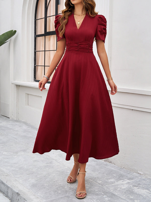 V-Neck Midi Dress with Puff Sleeves and Ruched Waist Midi Dresses MyDresses Red 8 | S 