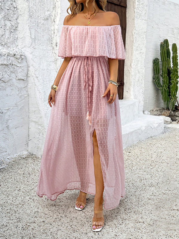 Off-Shoulder Maxi Dress with Polka Dot Print and High Slit Maxi Dresses MyDresses Pink 8 | S 