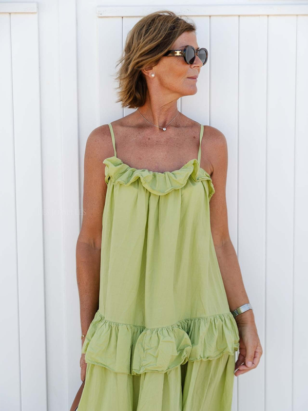Ruffled Maxi Dress with Tiered Design and Spaghetti Straps Maxi Dresses MyDresses Green 8 | S 