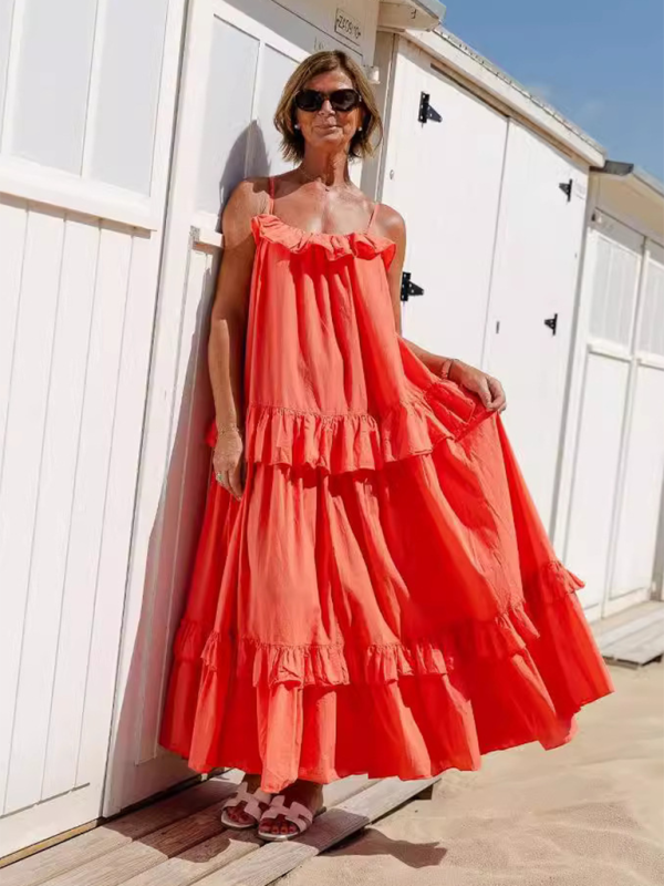 Ruffled Maxi Dress with Tiered Design and Spaghetti Straps Maxi Dresses MyDresses Red 8 | S 