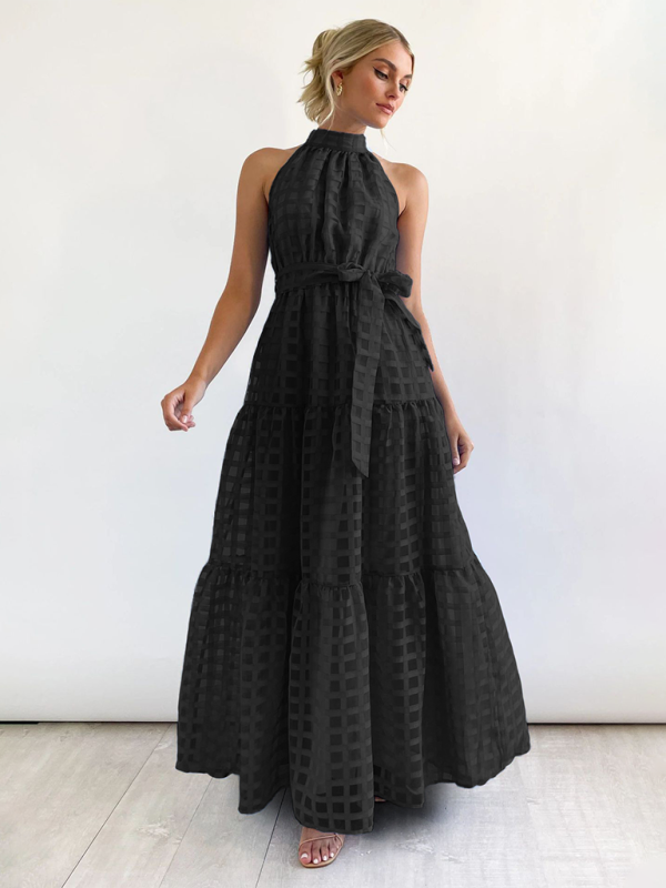 Halter Neck Maxi Dress with Geometric Print and Tiered Skirt Maxi Dresses MyDresses Black 8 | S 