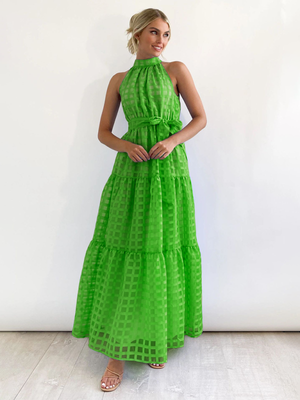 Halter Neck Maxi Dress with Geometric Print and Tiered Skirt Maxi Dresses MyDresses Green 8 | S 