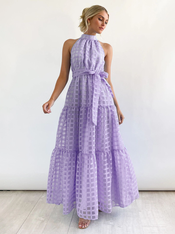 Halter Neck Maxi Dress with Geometric Print and Tiered Skirt Maxi Dresses MyDresses Lavender 8 | S 