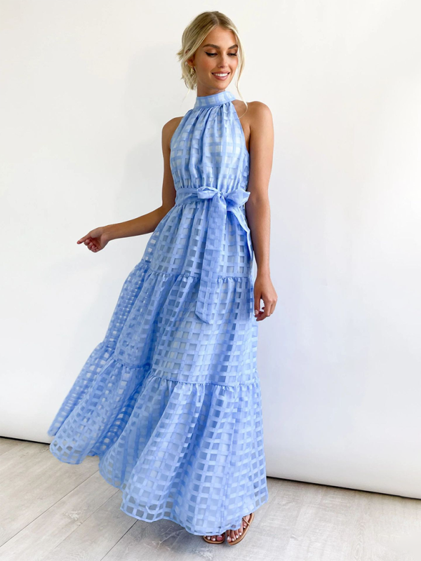Halter Neck Maxi Dress with Geometric Print and Tiered Skirt Maxi Dresses MyDresses 