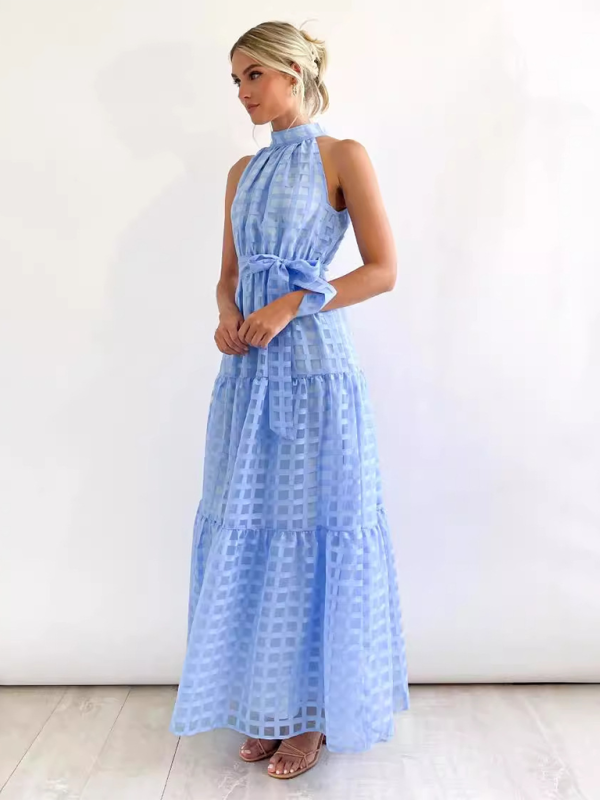 Halter Neck Maxi Dress with Geometric Print and Tiered Skirt Maxi Dresses MyDresses 