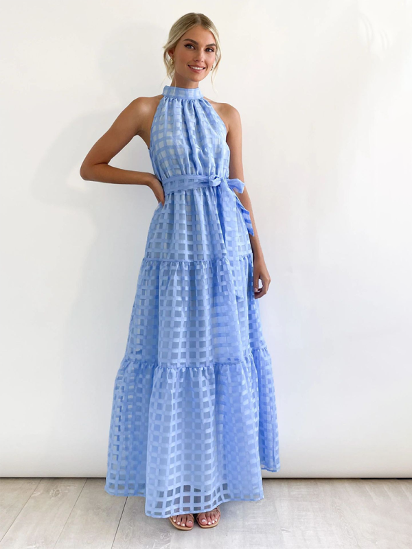Halter Neck Maxi Dress with Geometric Print and Tiered Skirt Maxi Dresses MyDresses Blue 8 | S 