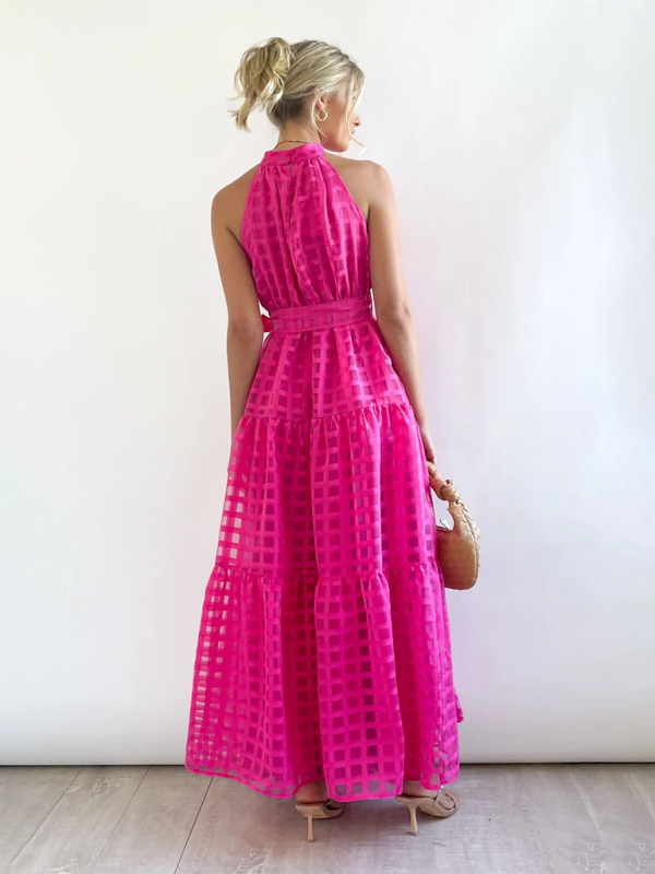 Halter Neck Maxi Dress with Geometric Print and Tiered Skirt Maxi Dresses MyDresses 