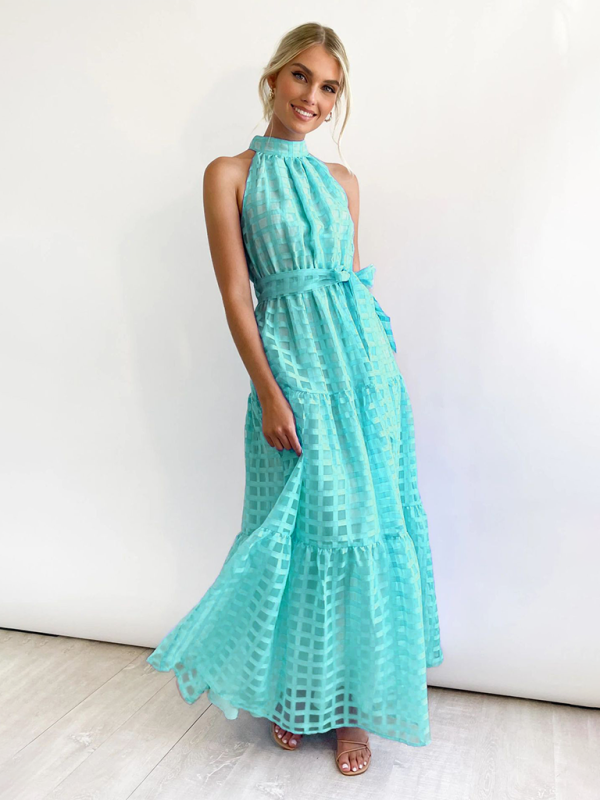 Halter Neck Maxi Dress with Geometric Print and Tiered Skirt Maxi Dresses MyDresses 