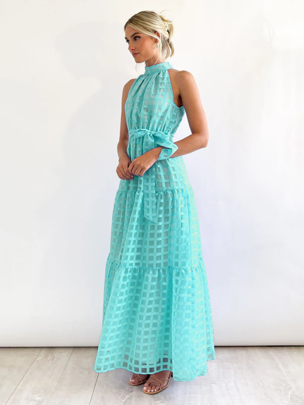 Halter Neck Maxi Dress with Geometric Print and Tiered Skirt Maxi Dresses MyDresses 
