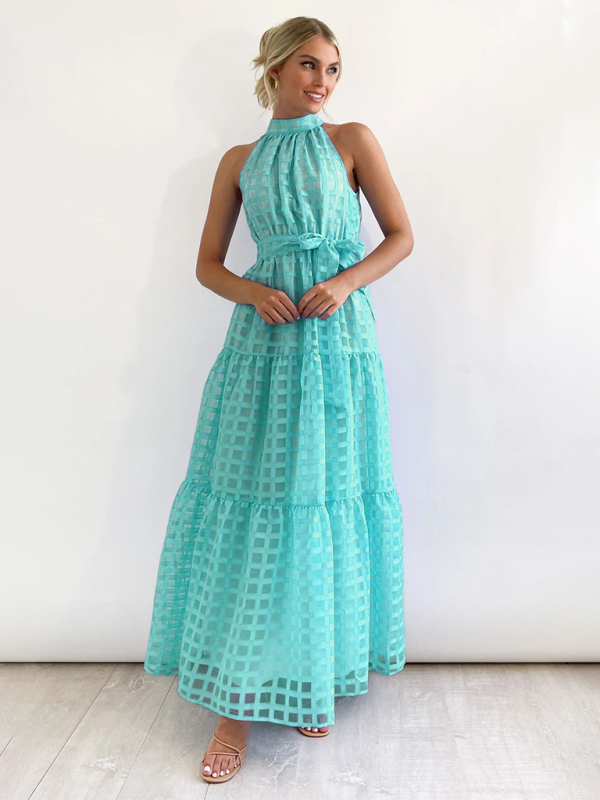 Halter Neck Maxi Dress with Geometric Print and Tiered Skirt Maxi Dresses MyDresses 