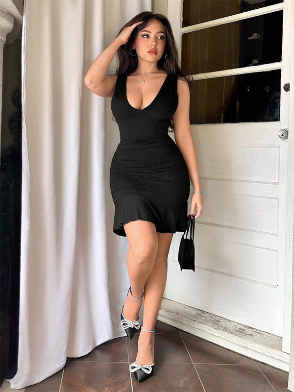U-Neck Mini Dress with Pleated Waist and Ruffled Hem Group10 MyDresses