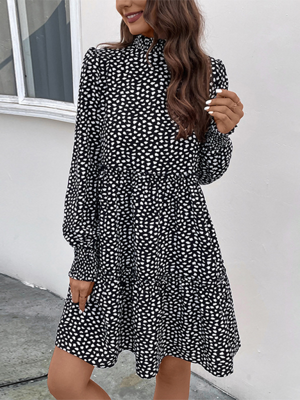 Leopard Print Long Sleeve Dress with Stand Collar Maxi Dresses MyDresses Black 8 | S 