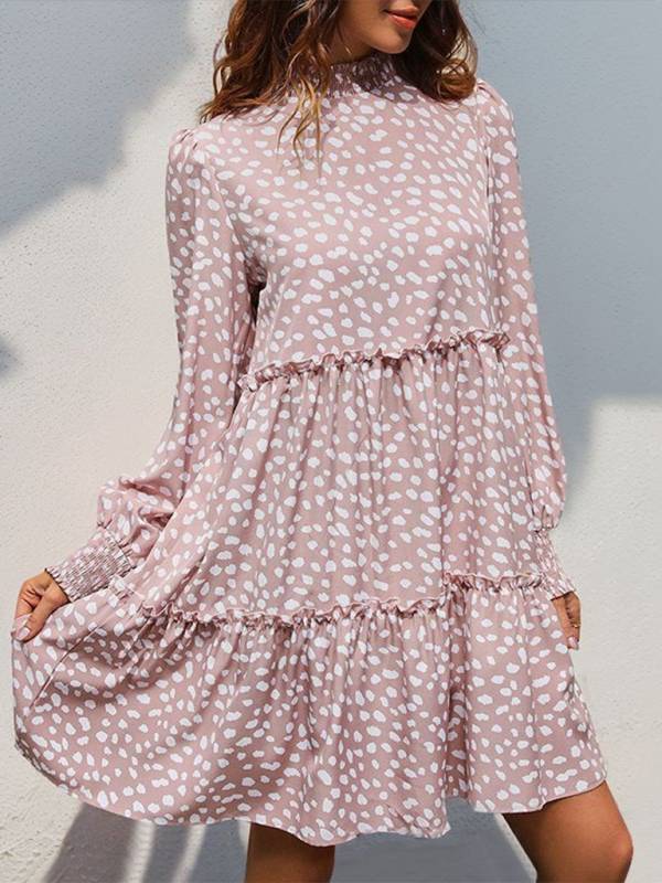 Leopard Print Long Sleeve Dress with Stand Collar Maxi Dresses MyDresses 