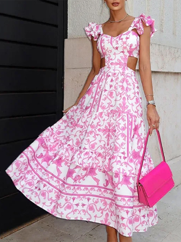 Floral Print Midi Dress with Hollow Cut-Out and Ruffled Sleeves Midi Dresses MyDresses Pink 8 | S 
