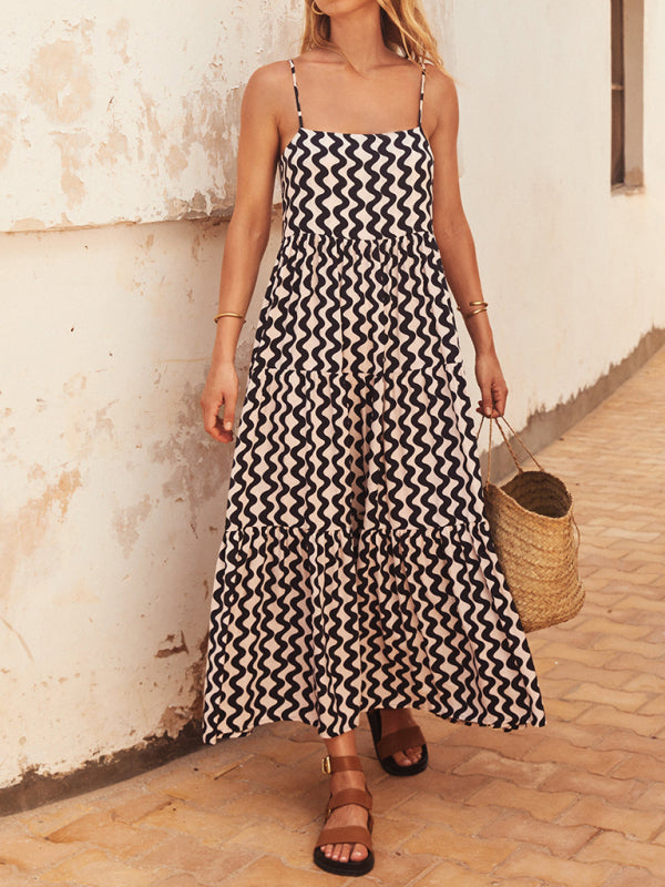 Geometric Print Maxi Dress with Tiered Design and Spaghetti Straps Group2 MyDresses Black White 8 | S