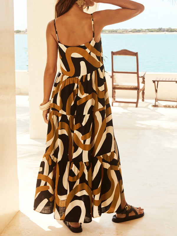 Geometric Print Maxi Dress with Tiered Design and Spaghetti Straps Group2 MyDresses