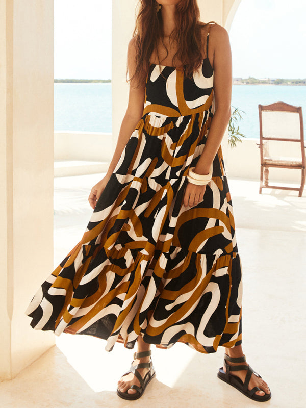 Geometric Print Maxi Dress with Tiered Design and Spaghetti Straps Group2 MyDresses