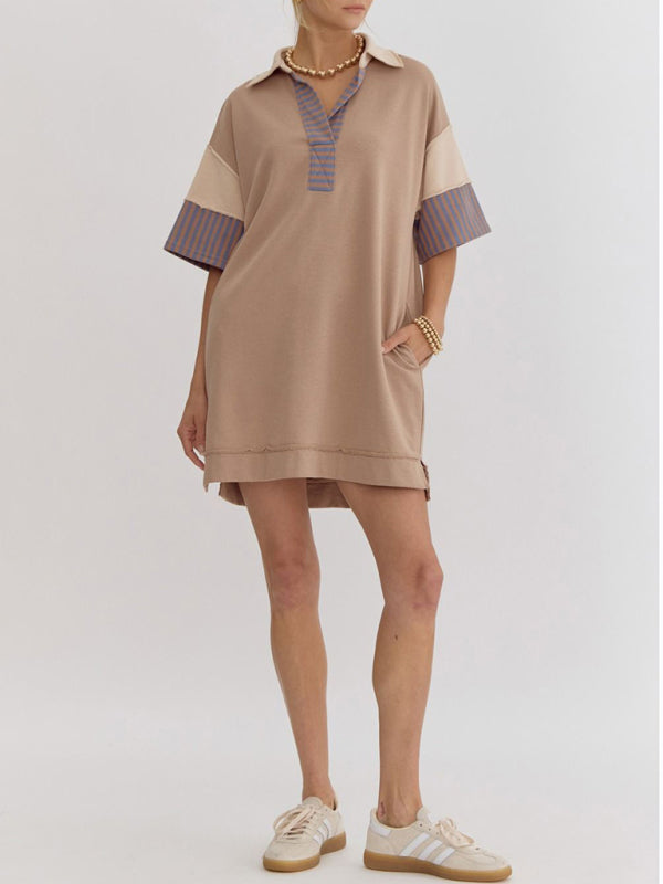 Striped Polo Dress with Lapel Collar and Loose Fit Mini Dresses MyDresses 