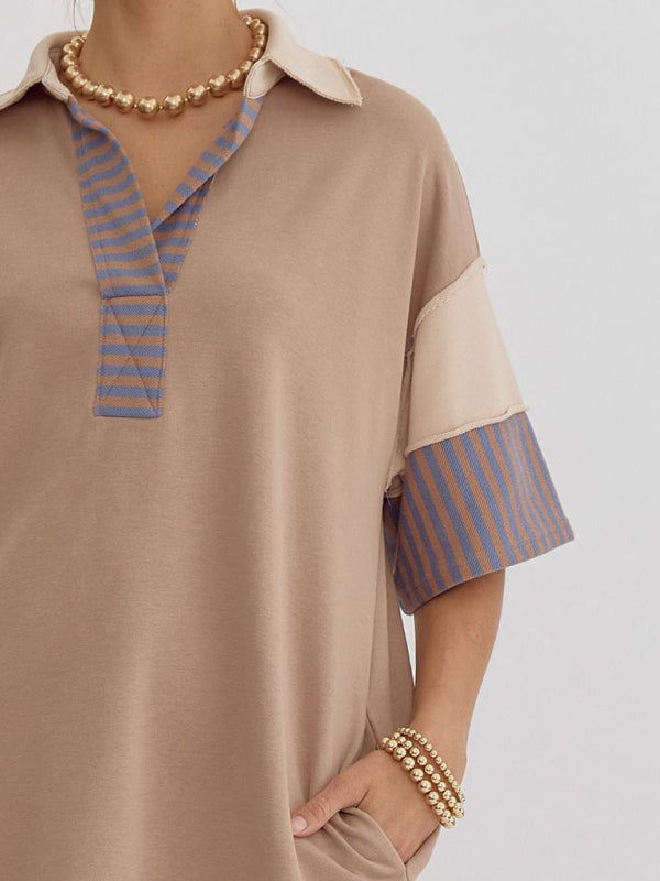 Striped Polo Dress with Lapel Collar and Loose Fit Mini Dresses MyDresses 