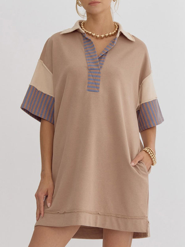 Striped Polo Dress with Lapel Collar and Loose Fit Mini Dresses MyDresses Khaki 8 | S 