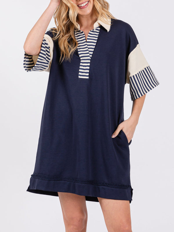 Striped Polo Dress with Lapel Collar and Loose Fit Mini Dresses MyDresses Dark Blue 8 | S 