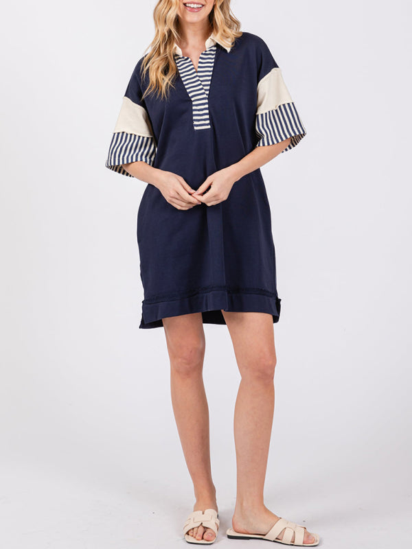 Striped Polo Dress with Lapel Collar and Loose Fit Mini Dresses MyDresses 