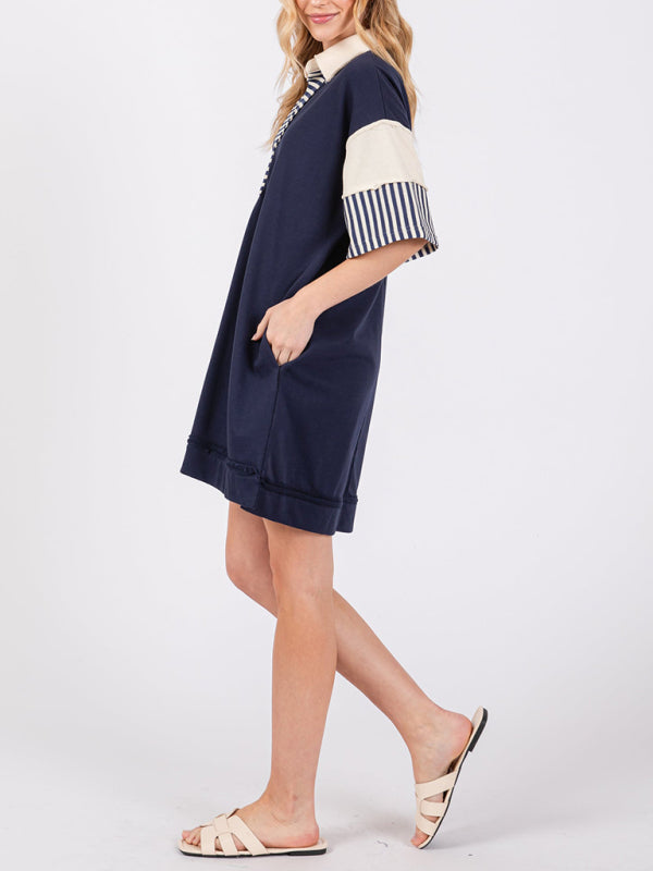 Striped Polo Dress with Lapel Collar and Loose Fit Mini Dresses MyDresses 