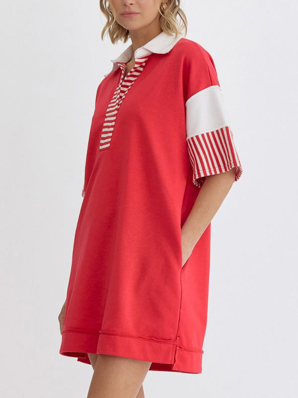 Striped Polo Dress with Lapel Collar and Loose Fit Mini Dresses MyDresses 