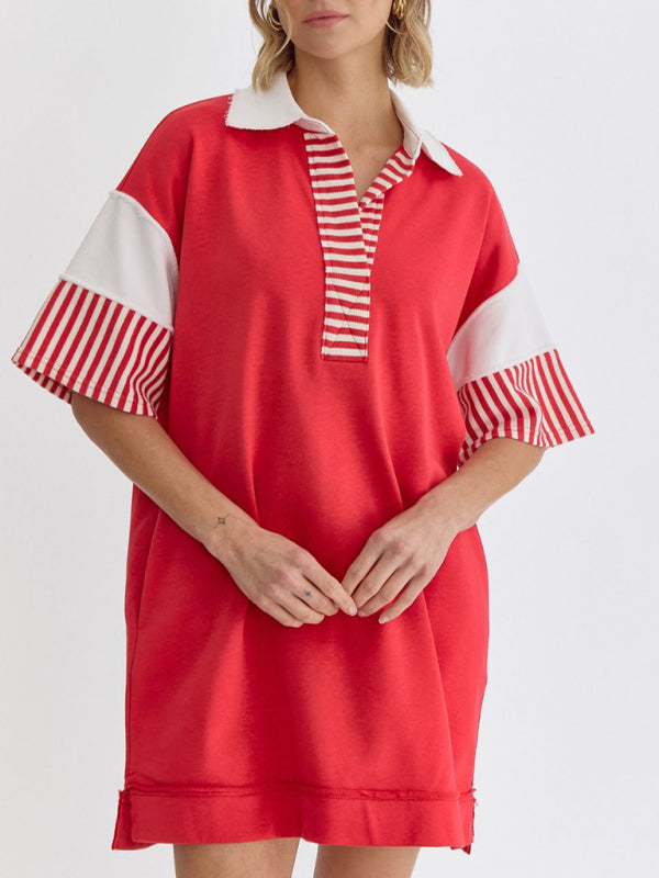 Striped Polo Dress with Lapel Collar and Loose Fit Mini Dresses MyDresses Red 8 | S 