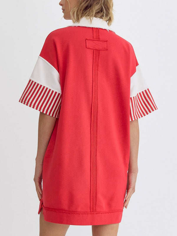 Striped Polo Dress with Lapel Collar and Loose Fit Mini Dresses MyDresses 