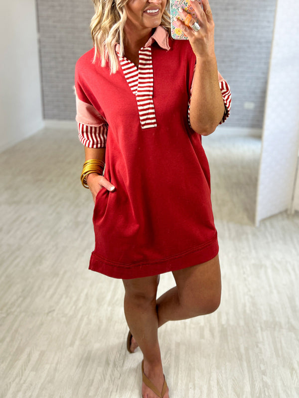 Striped Polo Dress with Lapel Collar and Loose Fit Mini Dresses MyDresses 
