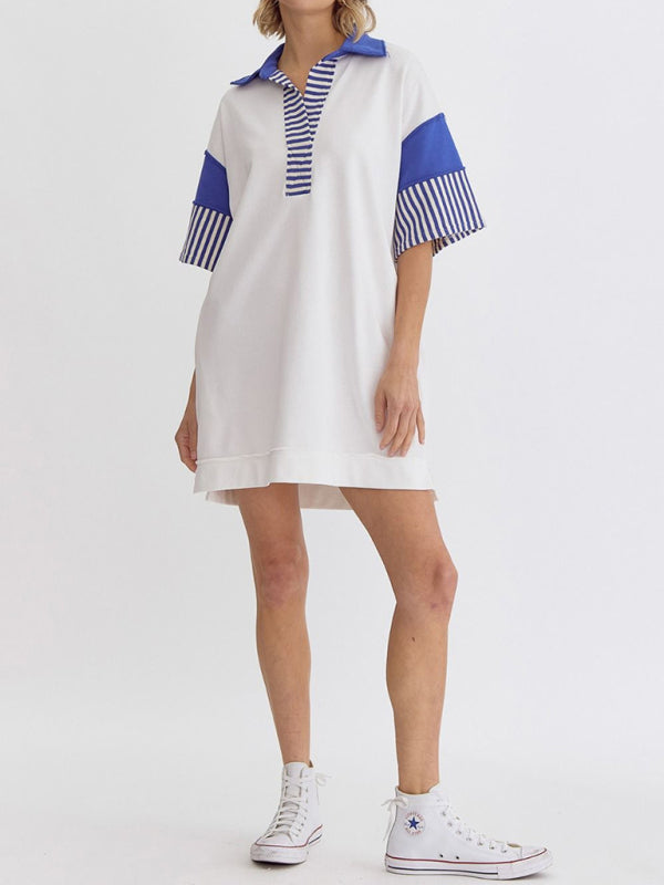 Striped Polo Dress with Lapel Collar and Loose Fit Mini Dresses MyDresses 