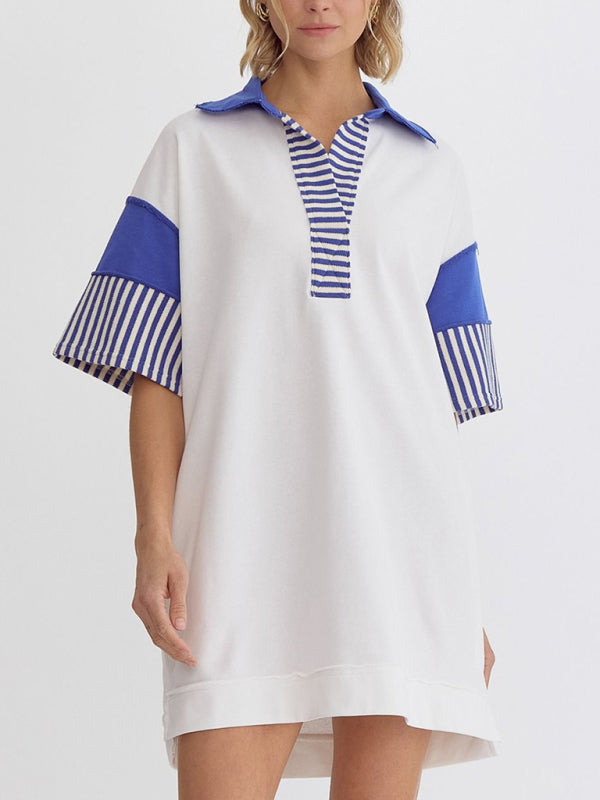 Striped Polo Dress with Lapel Collar and Loose Fit Mini Dresses MyDresses White 8 | S 