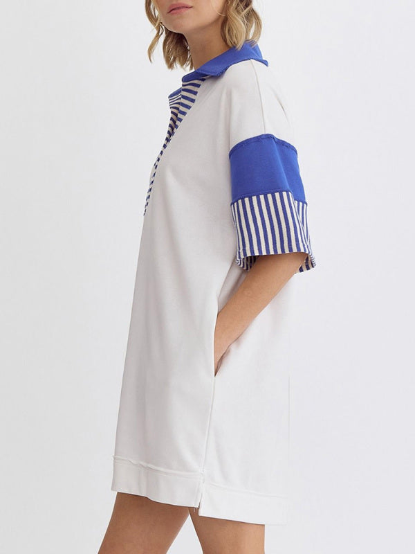 Striped Polo Dress with Lapel Collar and Loose Fit Mini Dresses MyDresses 