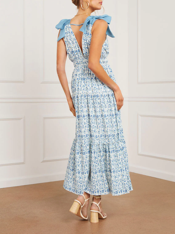 Floral Print Maxi Dress with Bow Straps and Tiered Skirt Maxi Dresses MyDresses 