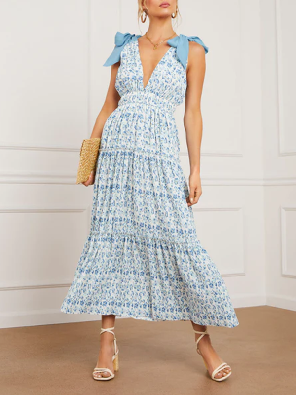 Floral Print Maxi Dress with Bow Straps and Tiered Skirt Maxi Dresses MyDresses Blue 8 | S 