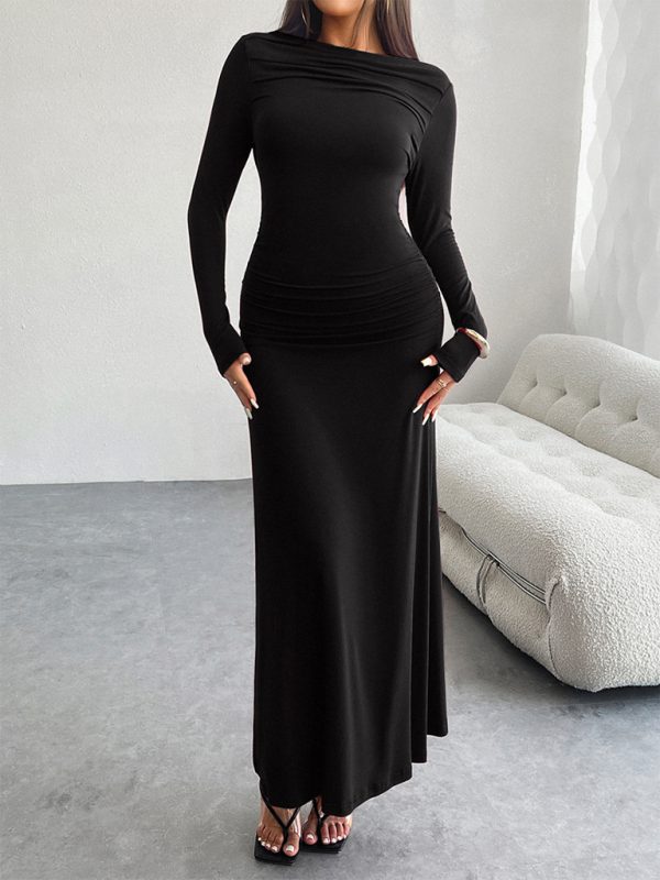 One-Shoulder Maxi Dress with Ruched Detail Maxi Dresses MyDresses Black 8 | S 