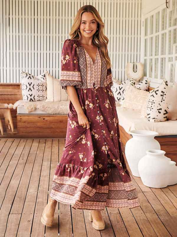Bohemian Maxi Dress with Floral Print and Geometric Patterns Maxi Dresses MyDresses Red 8 | S 