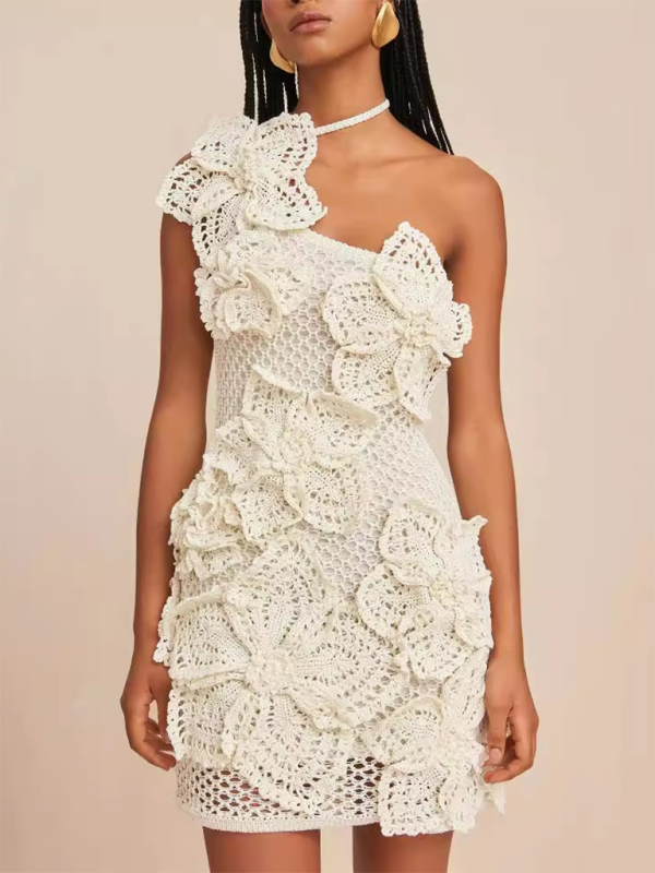 Floral Crochet Halterneck Mini Dress with Fitted Silhouette Mini Dresses MyDresses White 8 | S 