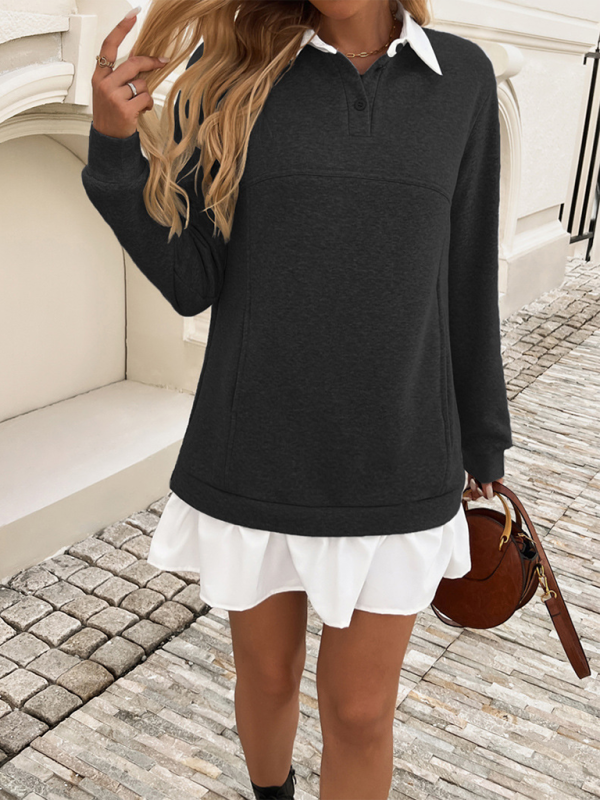 Polo Neck Sweatshirt Dress with Patchwork and Ruffled Skirt Mini Dresses MyDresses 