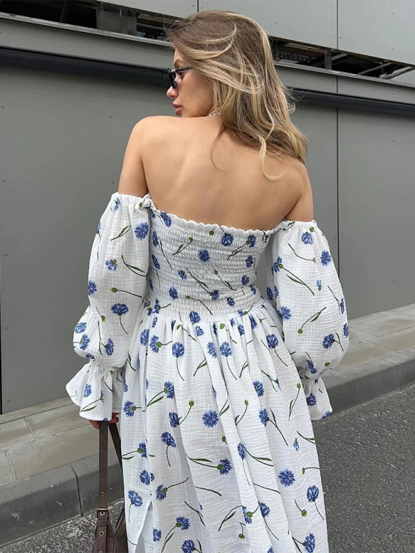 Off-the-Shoulder Maxi Dress with Floral Print and Lantern Sleeves Maxi Dresses MyDresses 