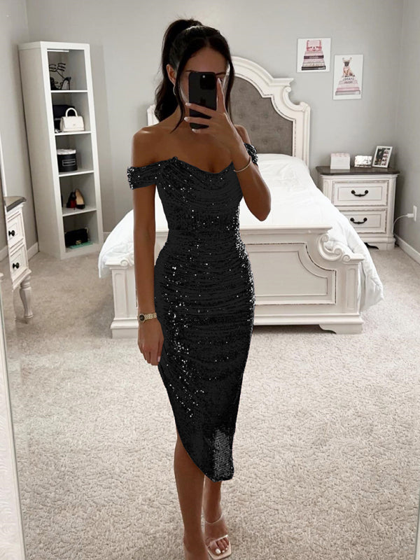 Sequin Bodycon Party Dress with Off-Shoulder Neckline and Asymmetrical Hemline Midi Dresses MyDresses 