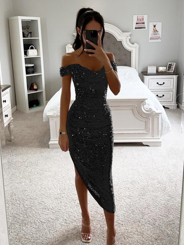 Sequin Bodycon Party Dress with Off-Shoulder Neckline and Asymmetrical Hemline Midi Dresses MyDresses Black 8 | S 