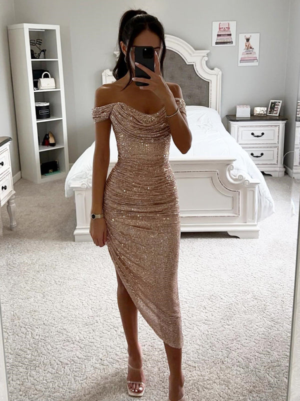 Sequin Bodycon Party Dress with Off-Shoulder Neckline and Asymmetrical Hemline Midi Dresses MyDresses Champagne 8 | S 