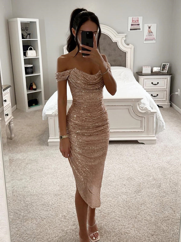 Sequin Bodycon Party Dress with Off-Shoulder Neckline and Asymmetrical Hemline Midi Dresses MyDresses 