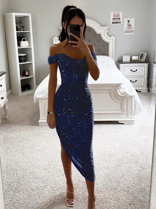 Sequin Bodycon Party Dress with Off-Shoulder Neckline and Asymmetrical Hemline Midi Dresses MyDresses Dark Blue 8 | S 