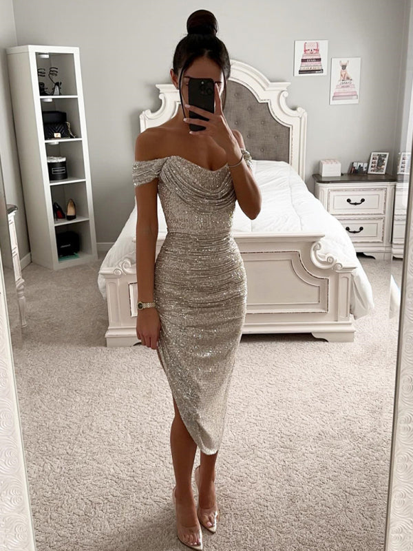 Sequin Bodycon Party Dress with Off-Shoulder Neckline and Asymmetrical Hemline Midi Dresses MyDresses 